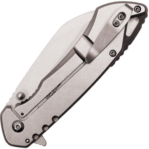 Wartech Assisted Open Folding Pocketknife Silver Handle With Black Accents Closed Pocket Clip View