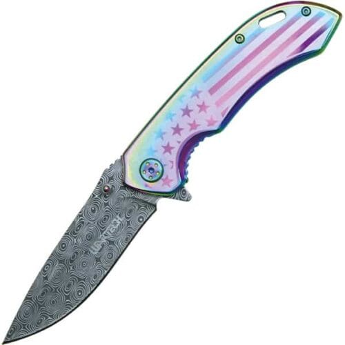 Rainbow Wartech Assisted Open Folding Pocket Knife With American Flag Design Open View