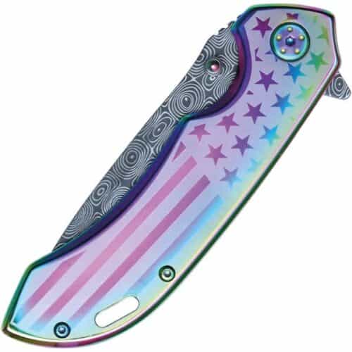 Rainbow Wartech Assisted Open Folding Pocket Knife With American Flag Design Closed View