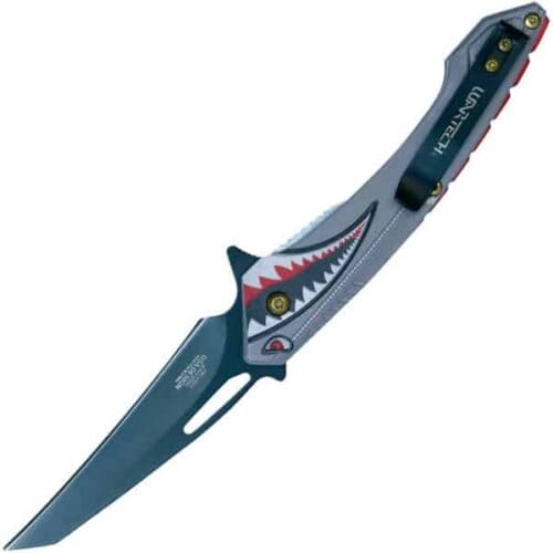 Gray Wartech Assisted Open Folding Pocket Knife With Flying Shark Design Pocket Clip Open View