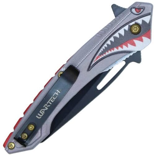 Gray Wartech Assisted Open Folding Pocket Knife With Flying Shark Design Closed Pocket Clip View
