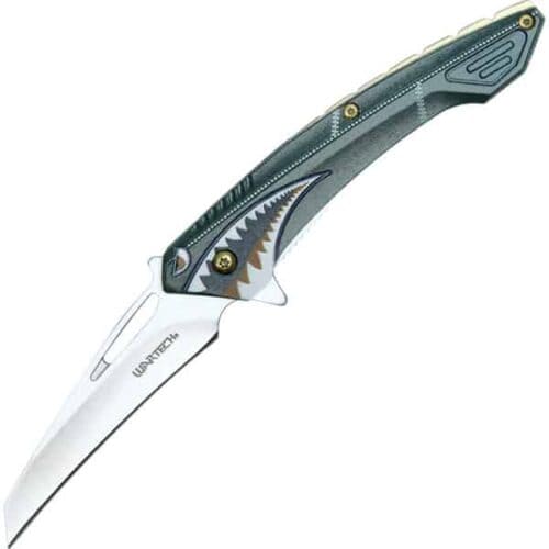 Green Wartech Assisted Open Folding Pocket Knife With Flying Shark Design Open View
