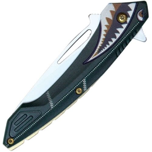 Green Wartech Assisted Open Folding Pocket Knife With Flying Shark Design Closed View