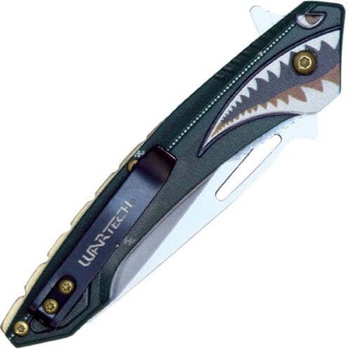 Green Wartech Assisted Open Folding Pocket Knife With Flying Shark Design Closed Pocket Clip View