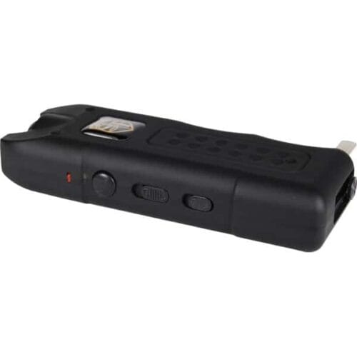 Black Safety Technology MultiGuard Rechargeable Stun Gun With Alarm and Flashlight Power Button Side View