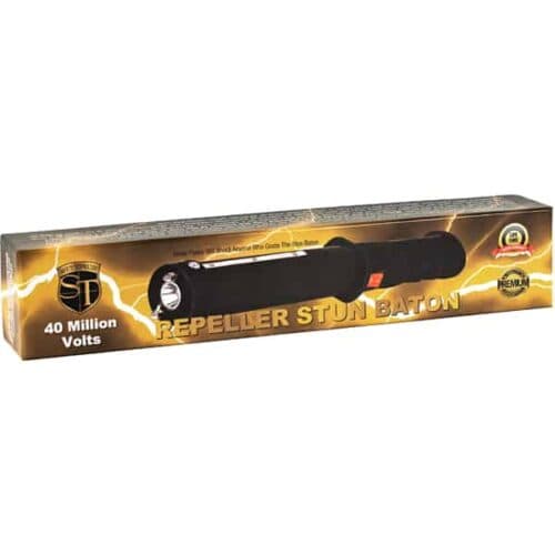Black Safety Technology Repeller Rechargeable Stun Baton In Package Front View