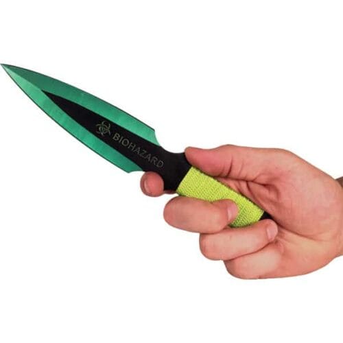 Green Biohazard Throwing Knife In Hand