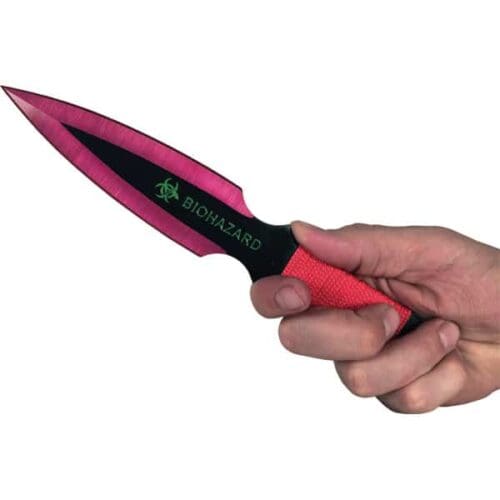 Red Biohazard Throwing Knife In Hand