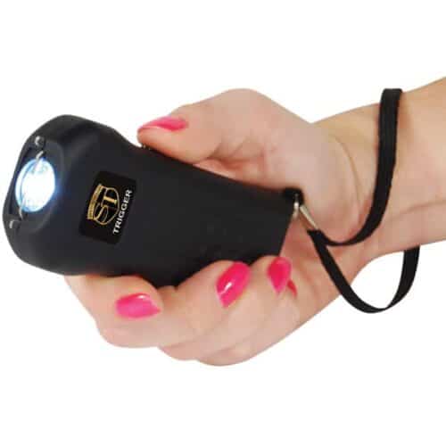 Black Safety Technology Trigger Rechargeable Stun Gun With Flashlight and Wrist Strap Disable Pin In Hand