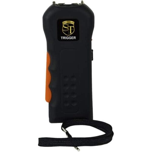 Black Safety Technology Trigger Rechargeable Stun Gun With Flashlight and Wrist Strap Disable Pin Front View