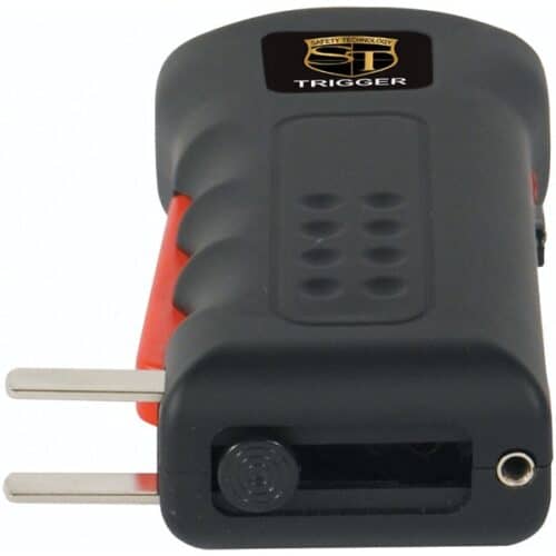 Black Safety Technology Trigger Rechargeable Stun Gun With Flashlight and Disable Pin Bottom View