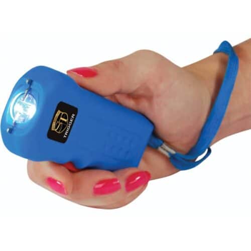 Blue Safety Technology Trigger Rechargeable Stun Gun With Flashlight and Wrist Strap Disable Pin In Hand