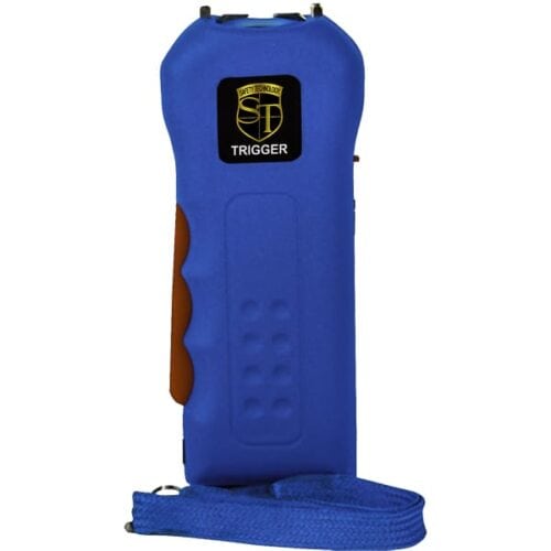 Blue Safety Technology Trigger Rechargeable Stun Gun With Flashlight and Wrist Strap Disable Pin Front View