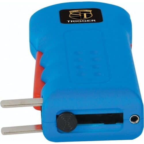 Blue Safety Technology Trigger Rechargeable Stun Gun With Flashlight and Disable Pin Bottom View