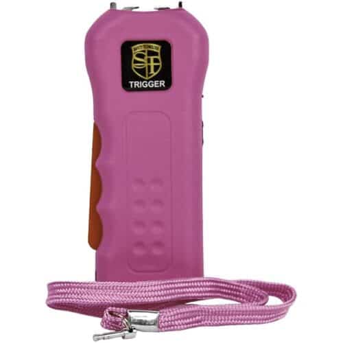 Pink Safety Technology Trigger Rechargeable Stun Gun With Flashlight and Wrist Strap Disable Pin Front View