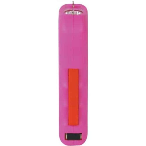 Pink Safety Technology Trigger Rechargeable Stun Gun With Flashlight and Wrist Strap Disable Pin Side View
