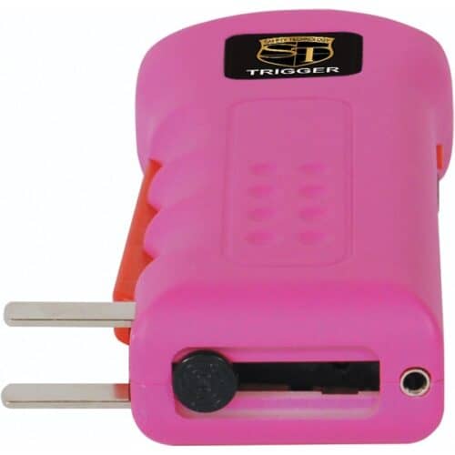 Pink Safety Technology Trigger Rechargeable Stun Gun With Flashlight and Disable Pin Bottom View