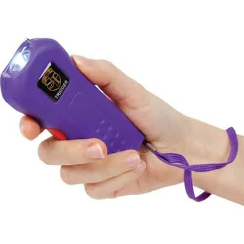 Purple Safety Technology Trigger Rechargeable Stun Gun With Flashlight and Wrist Strap Disable Pin In Hand