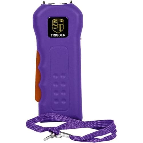 Purple Safety Technology Trigger Rechargeable Stun Gun With Flashlight and Wrist Strap Disable Pin Front View