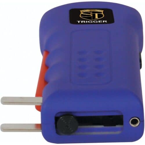 Purple Safety Technology Trigger Rechargeable Stun Gun With Flashlight and Disable Pin Bottom View