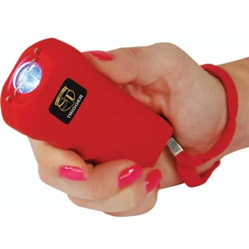 Red Safety Technology Trigger Rechargeable Stun Gun With Flashlight and Disable Pin In Hand