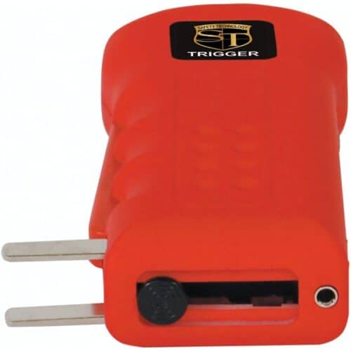 Red Safety Technology Trigger Rechargeable Stun Gun With Flashlight and Disable Pin Bottom View