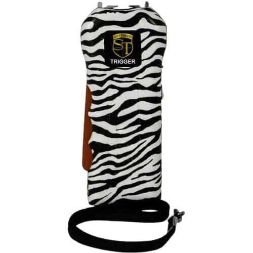 Zebra Print Safety Technology Trigger Rechargeable Stun Gun With Flashlight and Wrist Strap Disable Pin Front View