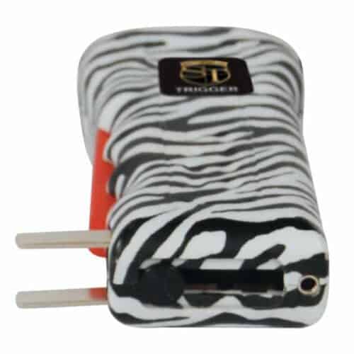 Zebra Print Safety Technology Trigger Rechargeable Stun Gun With Flashlight and Disable Pin Bottom View