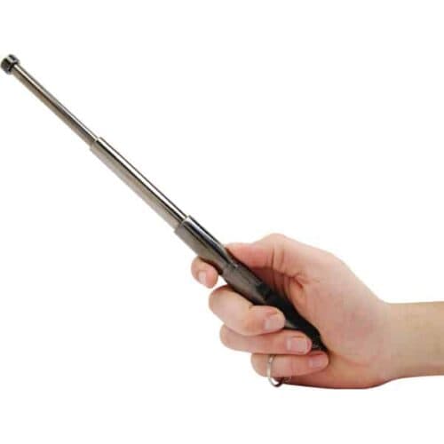 Gray 12 Inch Telescopic Steel Baton In Hand Extended View