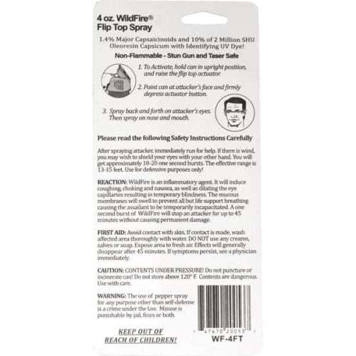 Safety Technology WildFire Pepper Spray 4oz. Flip Top Stream Made In The USA In Package Back View