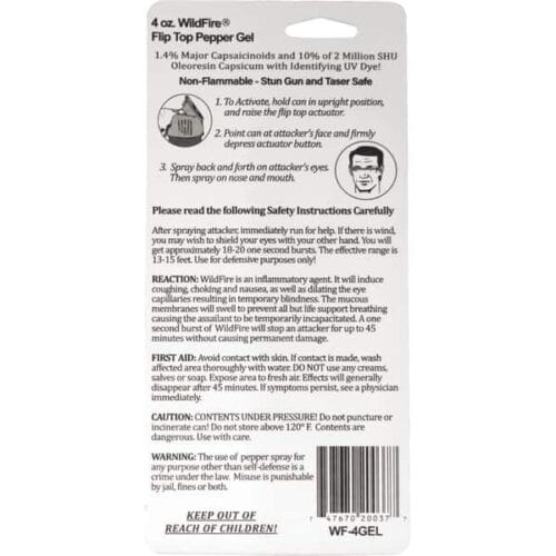 Safety Technology WildFire Pepper Spray 4oz Flip Top Gel Made in The USA In Package Back View