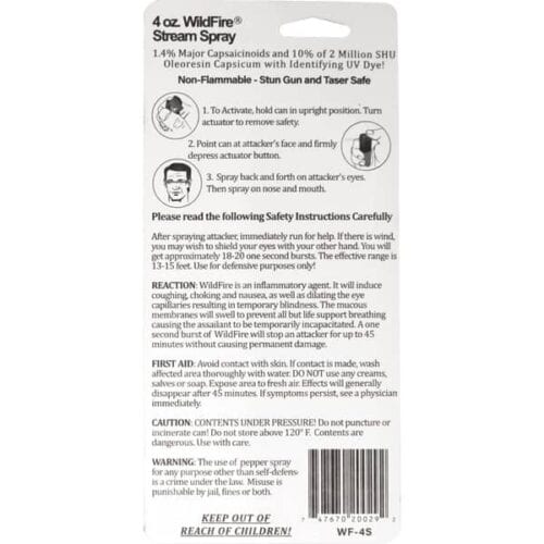 Safety Technology WildFire Pepper Spray 4oz. Stream Made In The USA In Package Back View