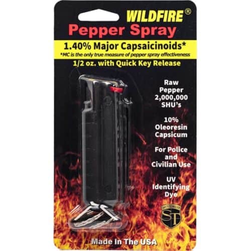 Black Safety Technology Wildfire 1/2oz. Pepper Spray With Hard Case and Quick Release Keychain In Package Front View Made In USA