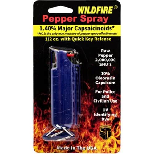 Blue Safety Technology Wildfire 1/2oz. Pepper Spray With Hard Case and Quick Release Keychain In Package Front View Made In USA