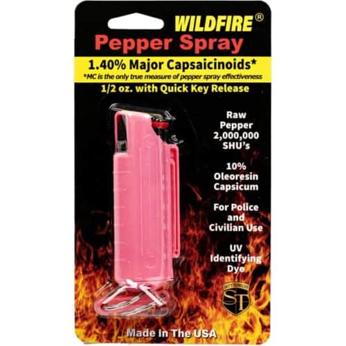 Pink Safety Technology Wildfire 1/2oz. Pepper Spray With Hard Case and Quick Release Keychain In Package Front View Made In USA