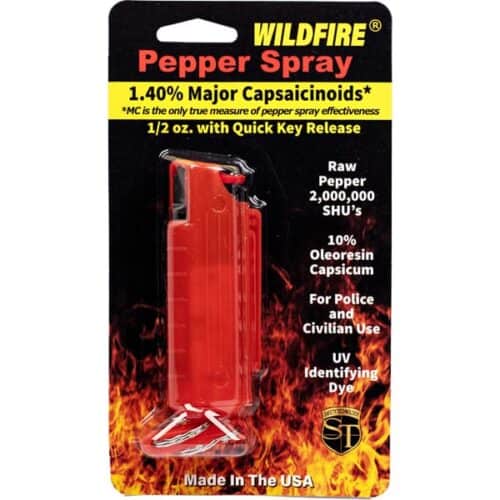 Red Safety Technology Wildfire 1/2oz. Pepper Spray With Hard Case and Quick Release Keychain In Package Front View Made In USA