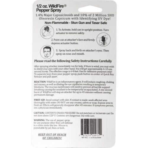 Safety Technology Wildfire Pepper Spray 1/2 oz. With Quick Release Keychain In Package Back View