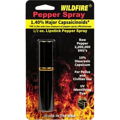 Black Safety Technology Wildfire 1/2oz. Lipstick Pepper Spray In Package Front View Made In USA