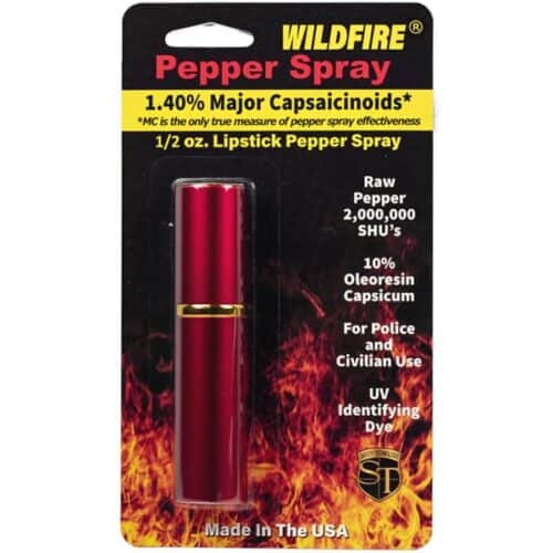Red Safety Technology Wildfire 1/2oz. Lipstick Pepper Spray In Package Front View Made In USA