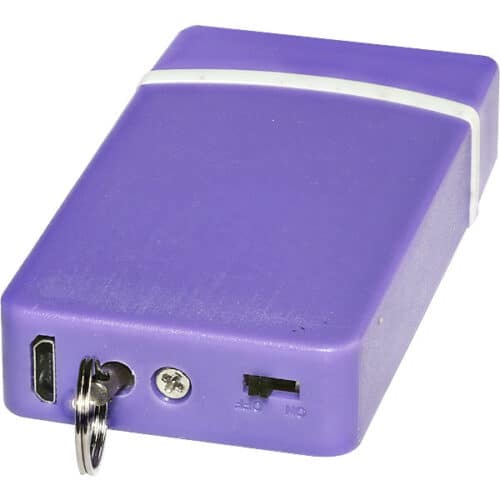 Purple Fang Stun Gun Rechargeable Keychain with Flashlight On/Off Switch Bottom View