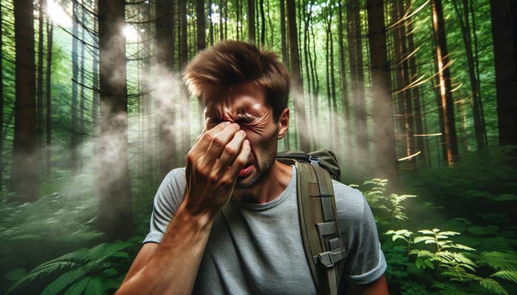 Man In The Woods Holding His Face After Being Sprayed With Bear Spray