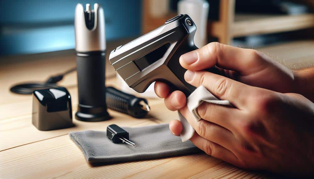 Mini Stun Gun Taser In Hand Conducting Maintenance On Device 