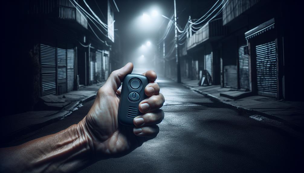 Man Holding A Personal Alarm On A Dark Street