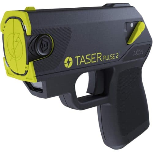 Black and yellow TASER Pulse 2 self-defense device, close-up view.