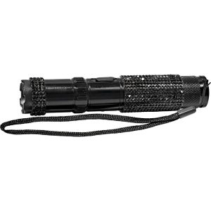 Black rhinestone flashlight with textured grip and wrist strap for stylish illumination.