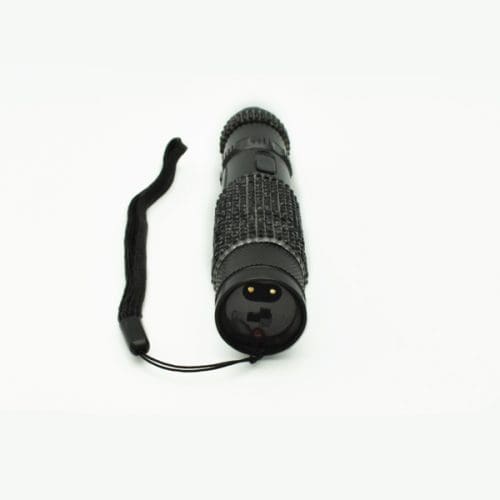 Compact black flashlight with woven grip and wrist strap on white background.