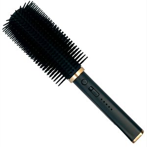 Black electric rotating hairbrush with ergonomic handle for styling and smoothing hair.