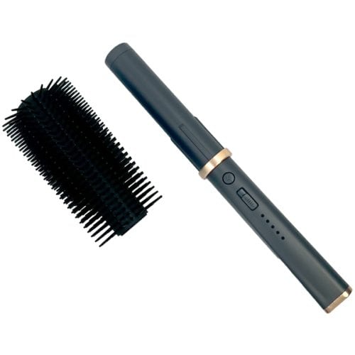 Black rotating hairbrush with detachable cylinder, featuring a sleek design for easy styling and hair straightening.