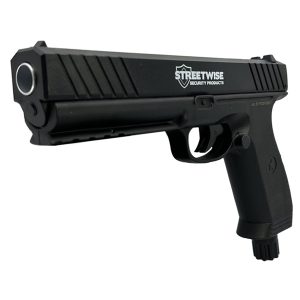 Black stun gun resembling a pistol by Streetwise Security Products, side view on a white background.