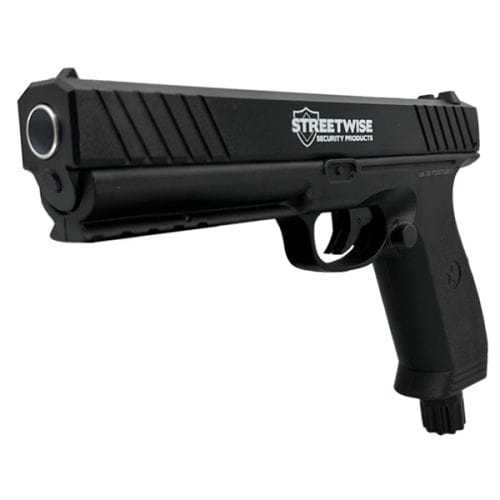 Black Streetwise security stun gun shaped like a handgun for personal safety and self-defense.